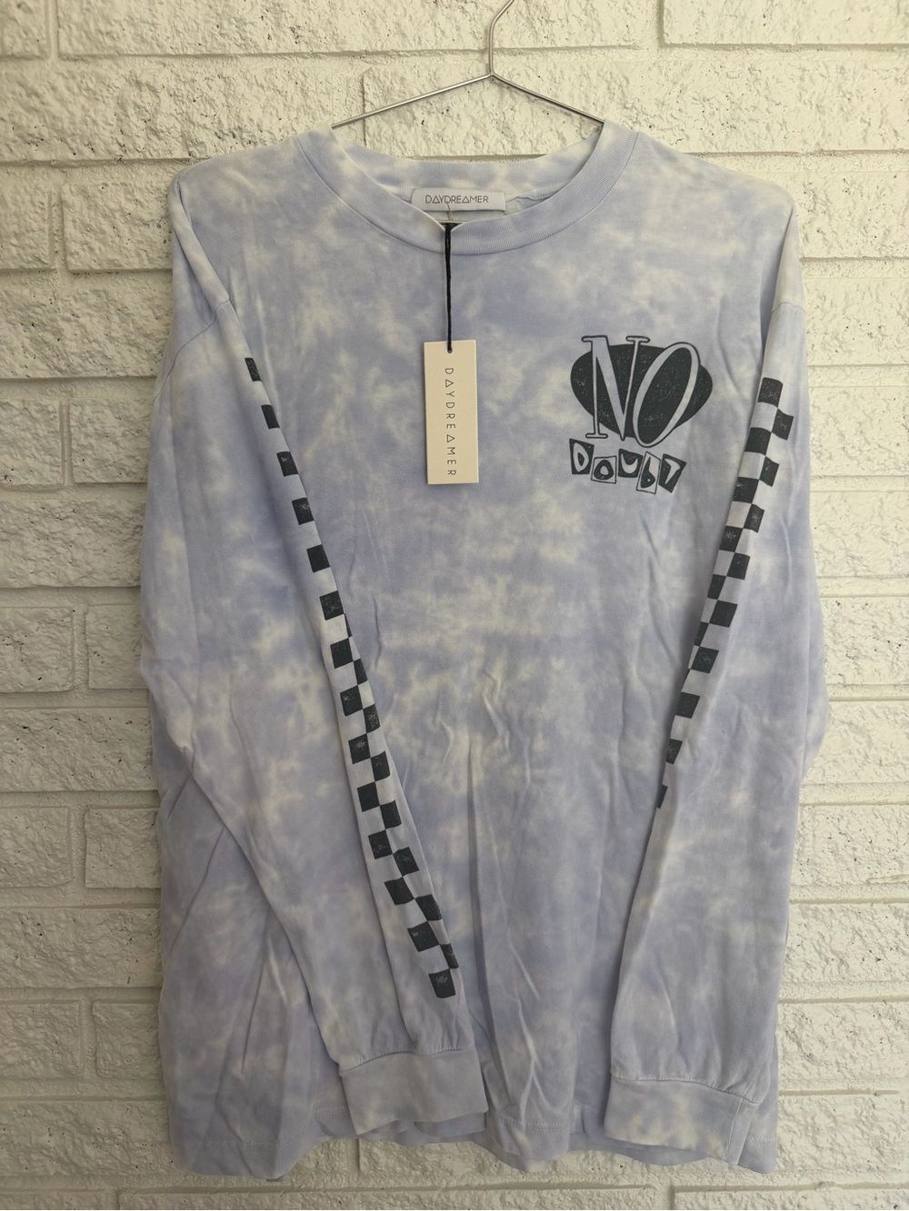 Daydreamer NoDoubt Lavender Tie-Dye Crewneck Shirt with Black Checkered Sleeves